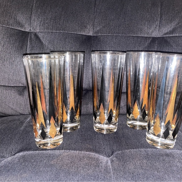 5 - VTG Anchor Hocking Golden Peaks 6-3/4"  Atomic Arrow MCM Highball Glasses - Picture 1 of 6